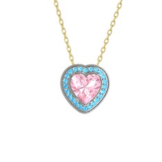 Esinti Kalp Kolye - Pembe kuvars ve akuamarin 18 ayar beyaz altın kolye (40 cm altın rolo zincir) #w8dppl