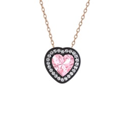 Esinti Kalp Kolye - Pembe kuvars ve pırlanta 925 ayar siyah rodyum kaplama gümüş kolye (0.264 karat, 40 cm rose altın rolo zincir) #wi0881