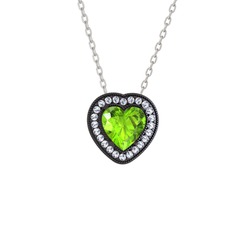 Esinti Kalp Kolye - Peridot ve beyaz zirkon 925 ayar siyah rodyum kaplama gümüş kolye (40 cm gümüş rolo zincir) #xnqbzn