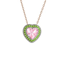 Esinti Kalp Kolye - Pembe kuvars ve peridot 14 ayar beyaz altın kolye (40 cm rose altın rolo zincir) #y7wop4