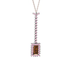 Dumanlı kuvars ve pembe kuvars 18 ayar beyaz altın kolye (40 cm rose altın rolo zincir)