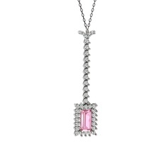 Via Kolye - Pembe kuvars ve beyaz zirkon 18 ayar beyaz altın kolye (40 cm gümüş rolo zincir) #104tu6j