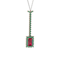Via Kolye - Rodolit garnet ve kök zümrüt 14 ayar rose altın kolye (40 cm beyaz altın rolo zincir) #108dqdt