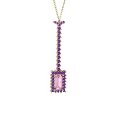 Pembe kuvars ve ametist 8 ayar rose altın kolye (40 cm gümüş rolo zincir)