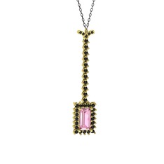 Via Kolye - Pembe kuvars ve siyah zirkon 925 ayar altın kaplama gümüş kolye (40 cm gümüş rolo zincir) #14g2z9u