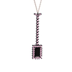 Siyah zirkon ve pembe kuvars 925 ayar siyah rodyum kaplama gümüş kolye (40 cm rose altın rolo zincir)