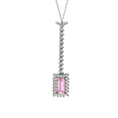Via Kolye - Pembe kuvars ve beyaz zirkon 925 ayar gümüş kolye (40 cm gümüş rolo zincir) #1854ssw