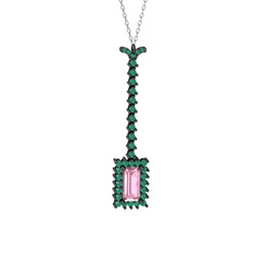 Pembe kuvars ve kök zümrüt 925 ayar siyah rodyum kaplama gümüş kolye (40 cm beyaz altın rolo zincir)