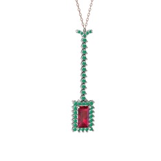 Rodolit garnet ve kök zümrüt 8 ayar beyaz altın kolye (40 cm rose altın rolo zincir)