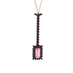 Pembe kuvars ve kök yakut 925 ayar siyah rodyum kaplama gümüş kolye (40 cm gümüş rolo zincir)