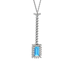 Akuamarin ve swarovski 14 ayar beyaz altın kolye (40 cm gümüş rolo zincir)