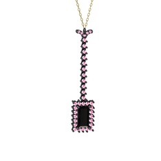 Via Kolye - Siyah zirkon ve pembe kuvars 925 ayar siyah rodyum kaplama gümüş kolye (40 cm gümüş rolo zincir) #1e51knh