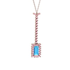 Akuamarin ve pembe kuvars 14 ayar rose altın kolye (40 cm rose altın rolo zincir)