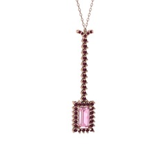 Pembe kuvars ve kök yakut 925 ayar rose altın kaplama gümüş kolye (40 cm gümüş rolo zincir)