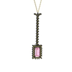 Via Kolye - Pembe kuvars ve peridot 925 ayar siyah rodyum kaplama gümüş kolye (40 cm altın rolo zincir) #1mamrat