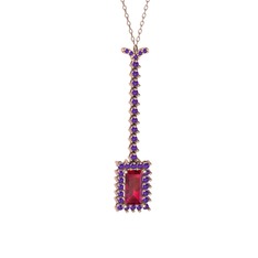 Rodolit garnet ve ametist 925 ayar rose altın kaplama gümüş kolye (40 cm gümüş rolo zincir)