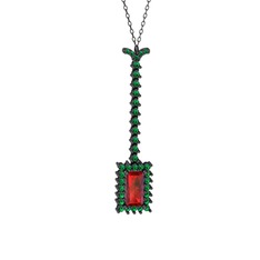 Garnet ve yeşil kuvars 925 ayar siyah rodyum kaplama gümüş kolye (40 cm gümüş rolo zincir)