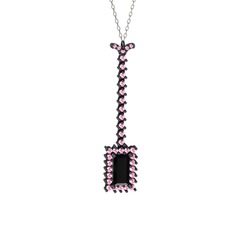 Via Kolye - Siyah zirkon ve pembe kuvars 925 ayar siyah rodyum kaplama gümüş kolye (40 cm beyaz altın rolo zincir) #1tpxh15