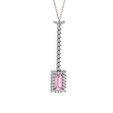 Pembe kuvars ve beyaz zirkon 925 ayar gümüş kolye (40 cm gümüş rolo zincir)