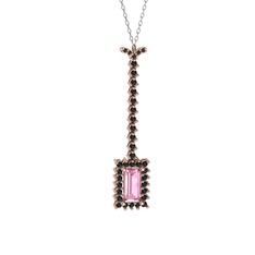 Via Kolye - Pembe kuvars ve siyah zirkon 925 ayar rose altın kaplama gümüş kolye (40 cm beyaz altın rolo zincir) #9ui1qv