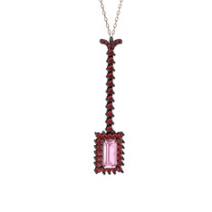 Via Kolye - Pembe kuvars ve garnet 925 ayar siyah rodyum kaplama gümüş kolye (40 cm rose altın rolo zincir) #ceuxjr