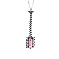 Via Kolye - Pembe kuvars ve swarovski 925 ayar siyah rodyum kaplama gümüş kolye (40 cm beyaz altın rolo zincir) #cyo8n