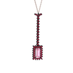 Pembe kuvars ve rodolit garnet 925 ayar siyah rodyum kaplama gümüş kolye (40 cm rose altın rolo zincir)