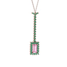 Via Kolye - Pembe kuvars ve kök zümrüt 18 ayar rose altın kolye (40 cm rose altın rolo zincir) #dclgq7