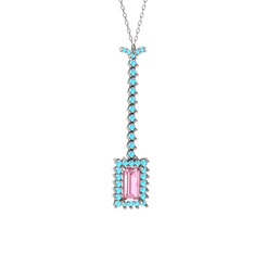 Pembe kuvars ve akuamarin 18 ayar beyaz altın kolye (40 cm beyaz altın rolo zincir)