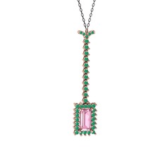 Via Kolye - Pembe kuvars ve kök zümrüt 925 ayar rose altın kaplama gümüş kolye (40 cm gümüş rolo zincir) #kjbfe6
