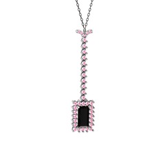 Siyah zirkon ve pembe kuvars 14 ayar beyaz altın kolye (40 cm gümüş rolo zincir)