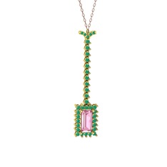 Via Kolye - Pembe kuvars ve kök zümrüt 14 ayar altın kolye (40 cm gümüş rolo zincir) #l90gmu