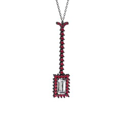 Beyaz zirkon ve rodolit garnet 925 ayar siyah rodyum kaplama gümüş kolye (40 cm gümüş rolo zincir)