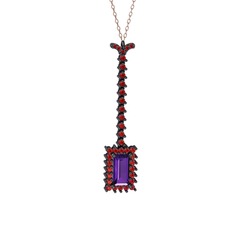Ametist ve garnet 925 ayar siyah rodyum kaplama gümüş kolye (40 cm rose altın rolo zincir)