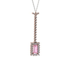 Via Kolye - Pembe kuvars ve pırlanta 8 ayar rose altın kolye (0.62 karat, 40 cm beyaz altın rolo zincir) #p5r64i