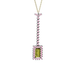 Peridot ve pembe kuvars 14 ayar beyaz altın kolye (40 cm altın rolo zincir)