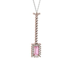 Pembe kuvars ve swarovski 14 ayar rose altın kolye (40 cm beyaz altın rolo zincir)