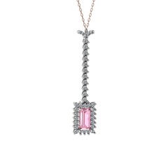 Pembe kuvars ve pırlanta 18 ayar beyaz altın kolye (0.62 karat, 40 cm gümüş rolo zincir)