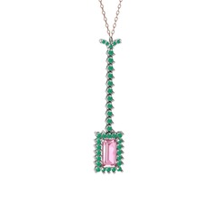 Pembe kuvars ve kök zümrüt 14 ayar beyaz altın kolye (40 cm rose altın rolo zincir)