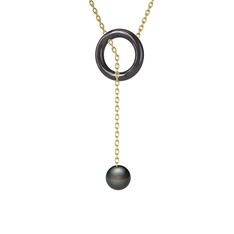 Fien İnci Kolye - Siyah inci 925 ayar siyah rodyum kaplama gümüş kolye (60 cm altın rolo zincir) #15qblc5