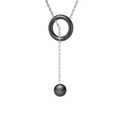 Fien İnci Kolye - Siyah inci 925 ayar siyah rodyum kaplama gümüş kolye (60 cm beyaz altın rolo zincir) #4a6m4f
