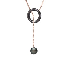 Fien İnci Kolye - Siyah inci 925 ayar siyah rodyum kaplama gümüş kolye (60 cm rose altın rolo zincir) #xeqew9