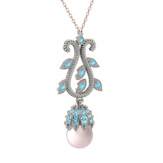 Şah İnci Kolye - Pembe inci ve akuamarin 14 ayar beyaz altın kolye (40 cm rose altın rolo zincir) #109mqrv
