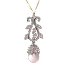 Pembe inci ve pembe kuvars 925 ayar gümüş kolye (40 cm altın rolo zincir)