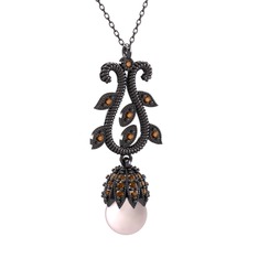 Şah İnci Kolye - Pembe inci ve dumanlı kuvars 925 ayar siyah rodyum kaplama gümüş kolye (40 cm gümüş rolo zincir) #114p700