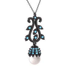 Şah İnci Kolye - Inci ve akuamarin 925 ayar siyah rodyum kaplama gümüş kolye (40 cm gümüş rolo zincir) #12ejw5a