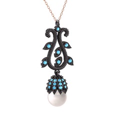 Şah İnci Kolye - Inci ve akuamarin 925 ayar siyah rodyum kaplama gümüş kolye (40 cm rose altın rolo zincir) #134l4rr