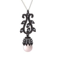 Şah İnci Kolye - Pembe inci ve swarovski 925 ayar siyah rodyum kaplama gümüş kolye (40 cm beyaz altın rolo zincir) #13hdflc