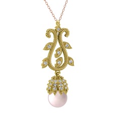 Şah İnci Kolye - Pembe inci ve beyaz zirkon 8 ayar altın kolye (40 cm rose altın rolo zincir) #13yym76