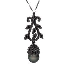 Şah İnci Kolye - Siyah inci ve siyah zirkon 925 ayar siyah rodyum kaplama gümüş kolye (40 cm gümüş rolo zincir) #14q9kgt